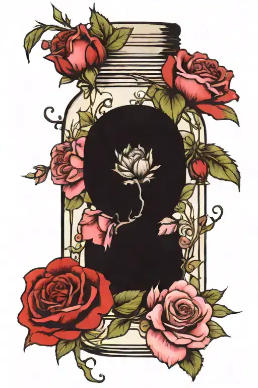 mason jar, rose, carnation, violet flower tattoo design idea