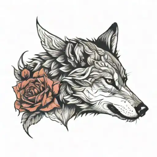 Wolf with red rose women offering her troat tattoo design idea