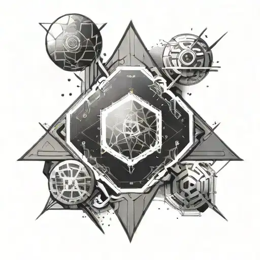 A tattoo featuring a futuristic space scene with geometric patterns and hidden symbols related to crypto currency tattoo design idea