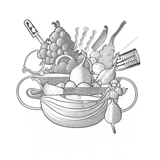 A whimsical illustration of a mixing spoon and a whisk entwined with colorful vegetables and fruits tattoo design idea