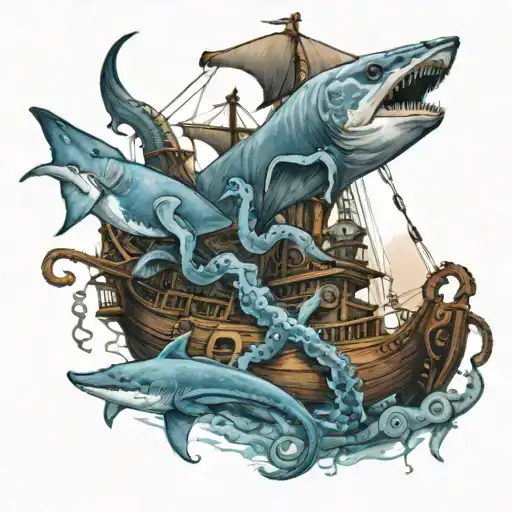 an octopus a sunken pirate ship and a shark swimming tattoo design idea