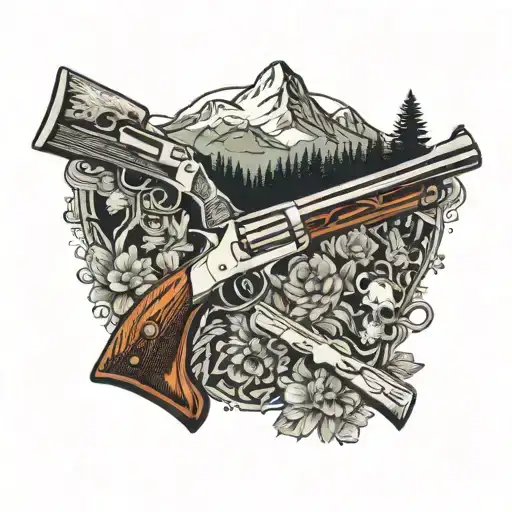 A collection of various firearms arranged in a symmetrical pattern with mountain and forest elements tattoo design idea