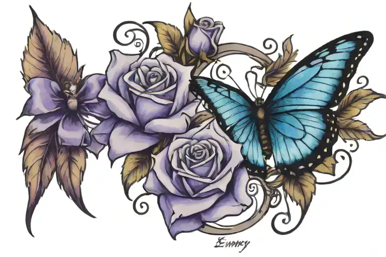 blue butterfly on purple rose, ribbon written "emmzy" with swan feathers  tattoo design idea