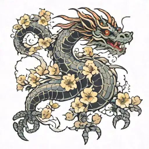 flying japanees dragon wrapped loosely through smoke and flowers  tattoo design idea
