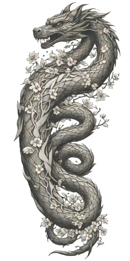 foodog coil and cherry blossom petals falling tattoo design idea