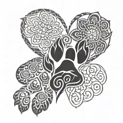 two small dog paws and two big dog paws with shadow background connecting them and seperate tribal heart above it all tattoo design idea