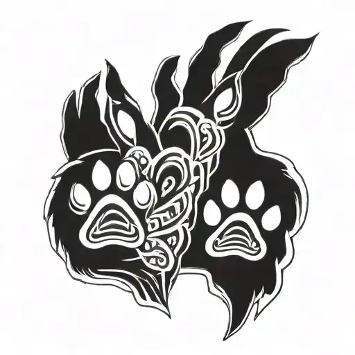 two small dog paws, two big dog paws, shadow connecting all paws, seperated tribal heart above tattoo design idea