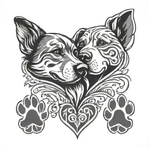 two small dog paws, two big dog paws with dark background around all four paws and disconnected tribal heart above  tattoo design idea