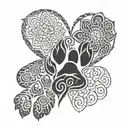 two small dog paws and two big dog paws with shadow background connecting them and seperate tribal heart above it all tattoo design idea