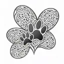 two small dog paws and two big dog paws with shadow background connecting them and seperate tribal heart above it all tattoo design idea