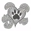 two small dog paws and two big dog paws with shadow background connecting them and seperate tribal heart above it all tattoo design idea