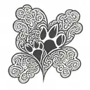 two small dog paws and two big dog paws with shadow background connecting them and seperate tribal heart above it all tattoo design idea