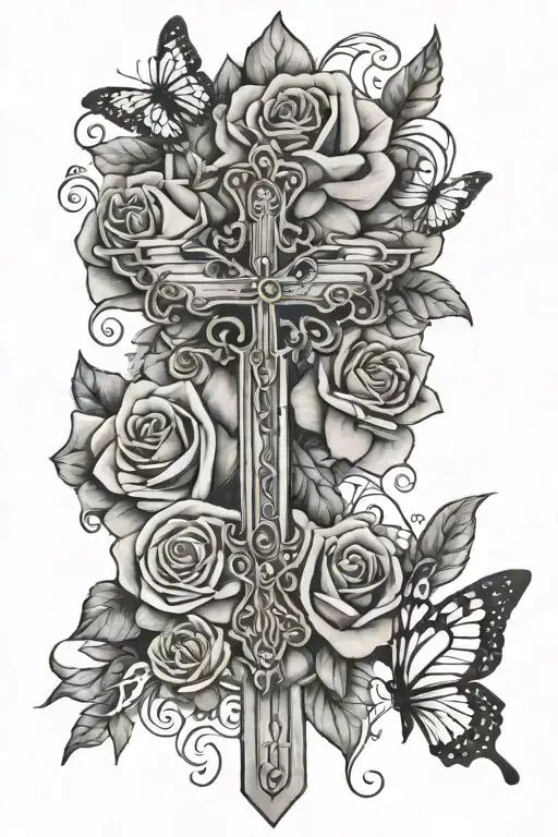 cross, rose, butterflies, bible verse tattoo design idea