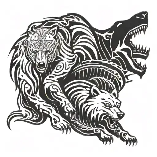 bear and wolf fight tattoo design idea