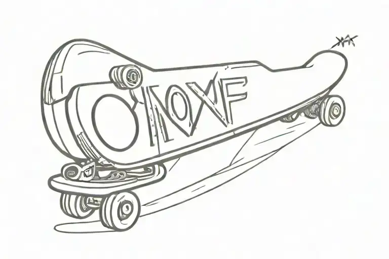A minimalist design of a skateboard with Nofx album covers as the wheels tattoo design idea