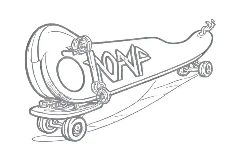A minimalist design of a skateboard with Nofx album covers as the wheels tattoo design idea