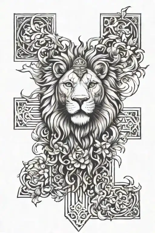 cross with lion and lamb tattoo design idea