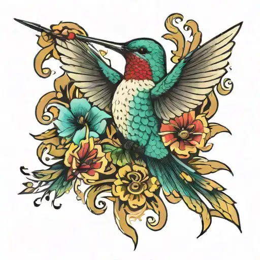 hummingbird and fan tattoo design idea