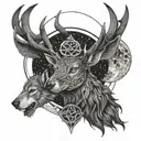 Deer, Wolf , Celtic Cross, moon, pentagramm, raven tattoo design idea