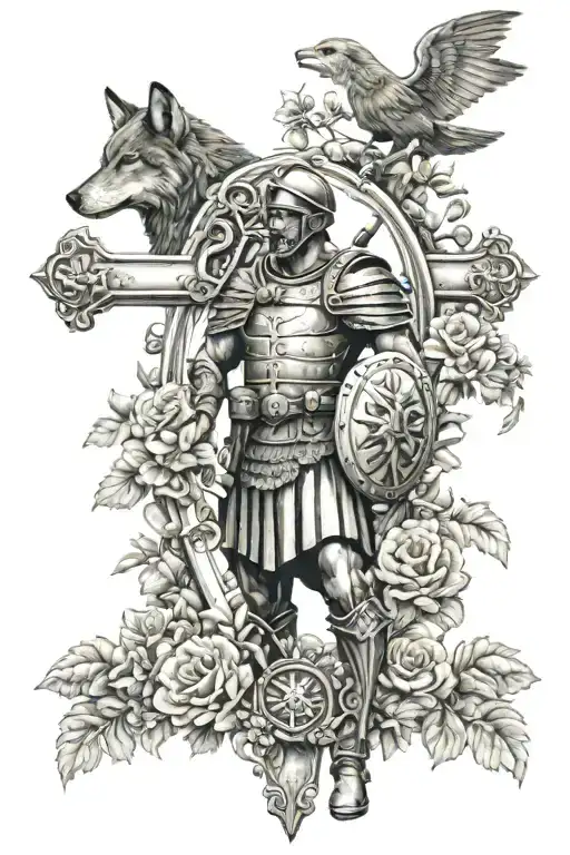 Roman soldier with a sword and shield in front of a cross, standing in a garden with flowers with a wolf behind him tattoo design idea