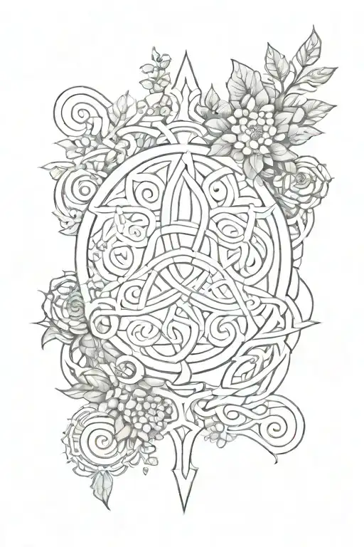 An Iberian-inspired Celtic trinity symbol surrounded by elements of nature and the outdoors tattoo design idea