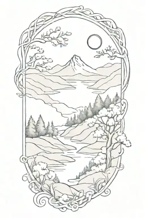 A sketch-style tattoo of a serene landscape with rolling hills, a flowing river, and a hidden Celtic tri symbol among the trees tattoo design idea