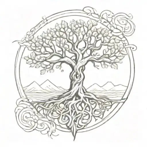 A mystical tattoo design featuring a Celtic tree of life with intricate roots reaching deep into the earth, surrounded by swirling mountain landscapes and fresh air elements tattoo design idea