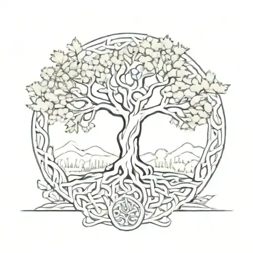 Forest scene with hidden elements of Yggdrasil tree and Celtic knots tattoo design idea