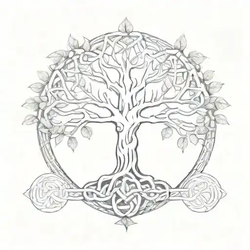 Forest scene with hidden elements of Yggdrasil tree and Celtic knots tattoo design idea