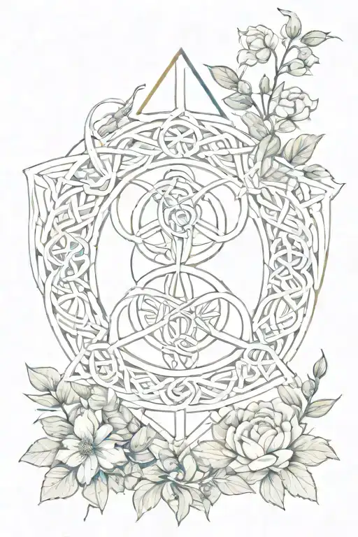 An Iberian-inspired Celtic trinity symbol surrounded by elements of nature and the outdoors tattoo design idea