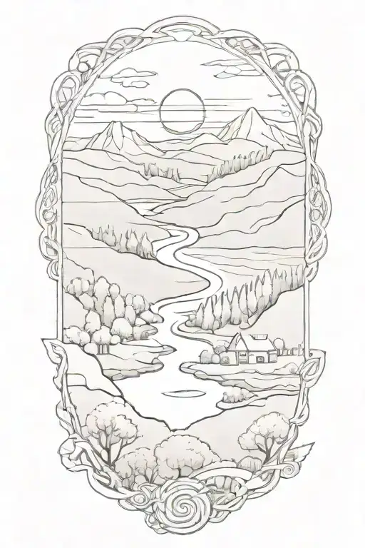 A sketch-style tattoo of a serene landscape with rolling hills, a flowing river, and a hidden Celtic tri symbol among the trees tattoo design idea