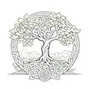 Forest scene with hidden elements of Yggdrasil tree and Celtic knots tattoo design idea