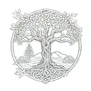 Forest scene with hidden elements of Yggdrasil tree and Celtic knots tattoo design idea
