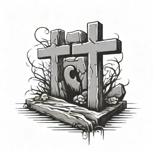 three crosses opened tomb stone tattoo design idea