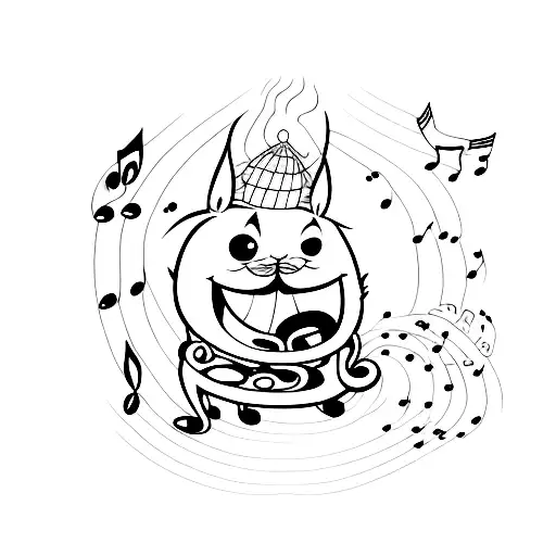 A cartoon character writing poetry with a background of musical staves tattoo design idea