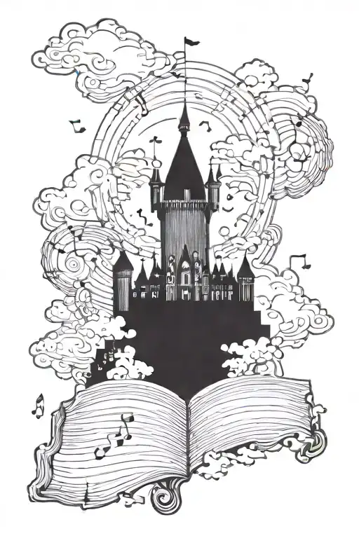 Two silhouettes infront of a castle in the clouds with music sheets surrounding. tattoo design idea