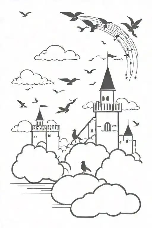 Two silhouettes infront of a castle in the clouds with birds flying and music sheets surrounding. black and white handpo tattoo design idea