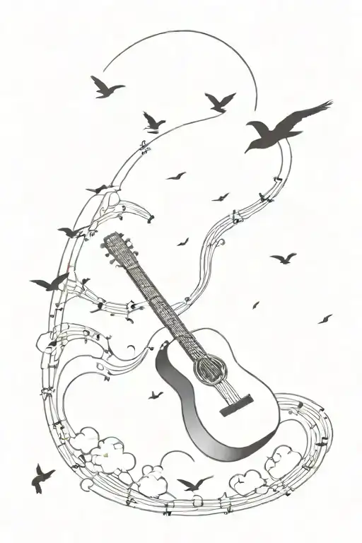 Guitar in the clouds with birds flying and music sheets surrounding. black and white tattoo design idea