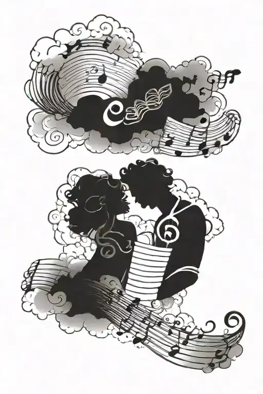 Two silhouettes in the clouds with music sheets surrounding. tattoo design idea