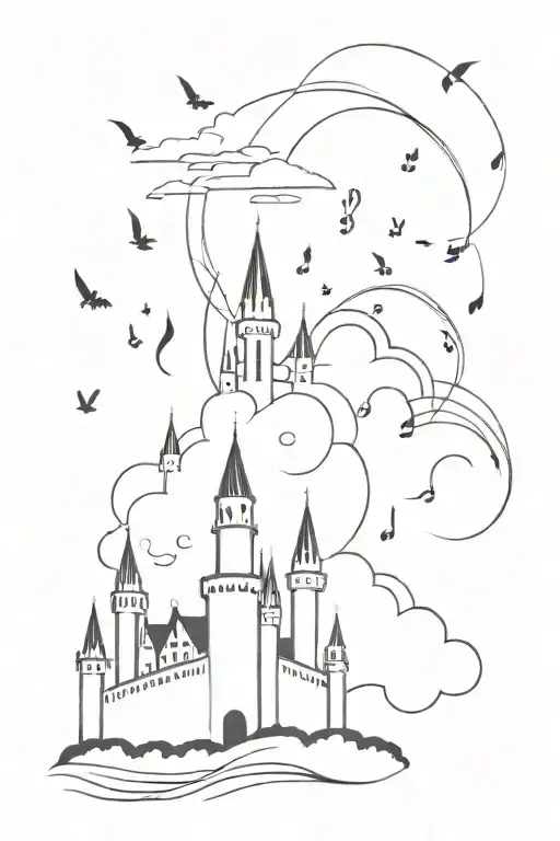 Two silhouettes infront of a castle in the clouds with music sheets surrounding. tattoo design idea