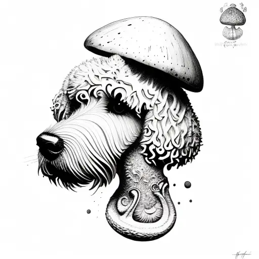 golden doodle, magic mushrooms tattoo design idea