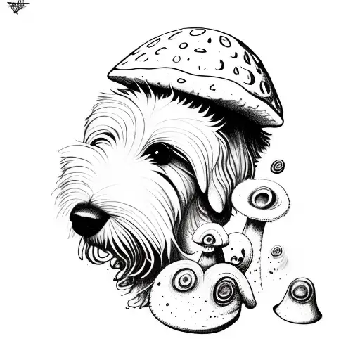 golden doodle, magic mushrooms tattoo design idea