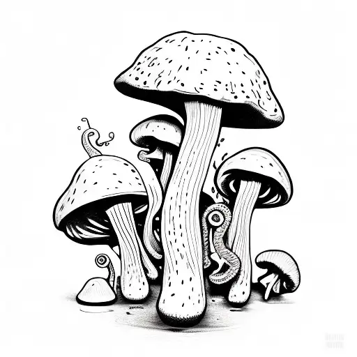 golden doodle, magic mushrooms tattoo design idea