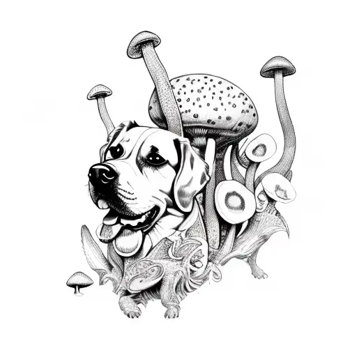 dog eating magic mushrooms tattoo design idea