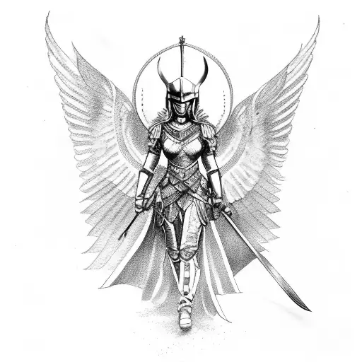 Valkyrie with winged helmet and sword riding a winged horse tattoo design idea