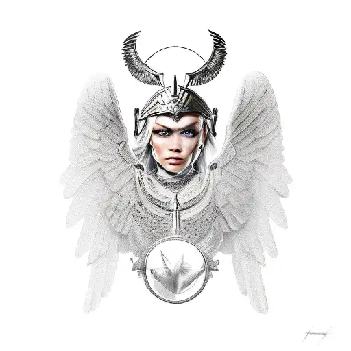 Valkyrie with winged helmet and sword riding a winged horse tattoo design idea
