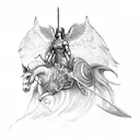 Valkyrie with winged helmet and sword riding a winged horse tattoo design idea