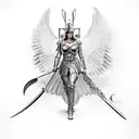 Valkyrie with winged helmet and sword riding a winged horse tattoo design idea