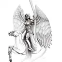 Valkyrie with winged helmet and sword riding a winged horse tattoo design idea