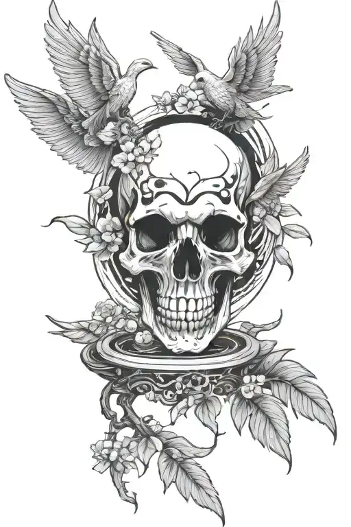 skull, cherry bonsai, phoenix with outstretched wings tattoo design idea